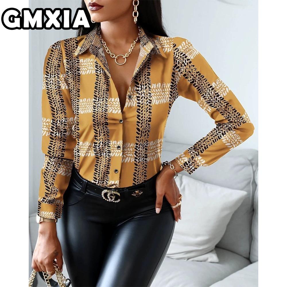 GMXIA Damenmode Lässig Freizeit Einfarbig Druck Langarm POLO Kragen Blusen & Hemden