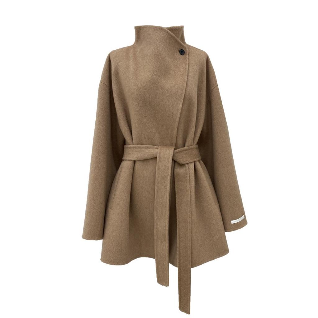 Stand-up collar short double-sided wool coat lapel loose lazy small autumn and winter women's camel white coat