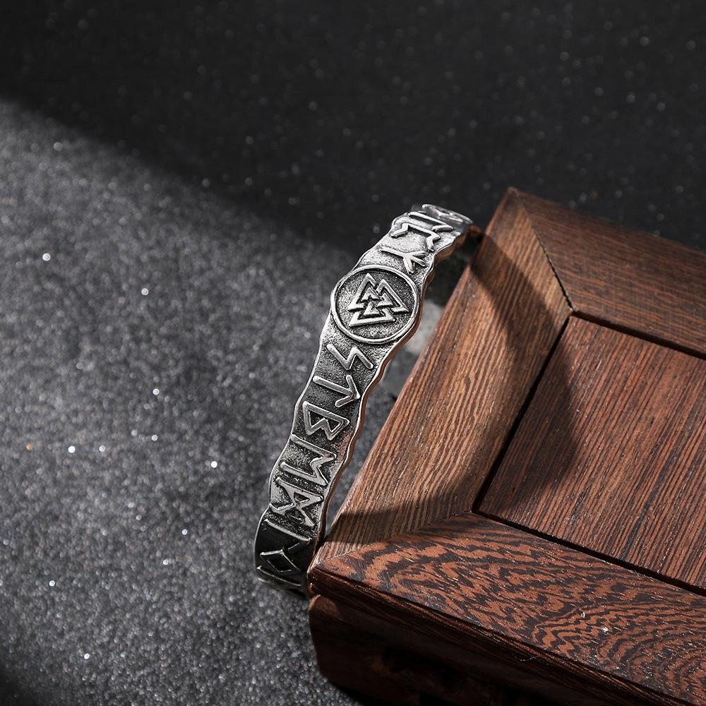 Vintage Viking Runes Open Cuff Bracelet Odin Mythology Themed Mens Jewelry