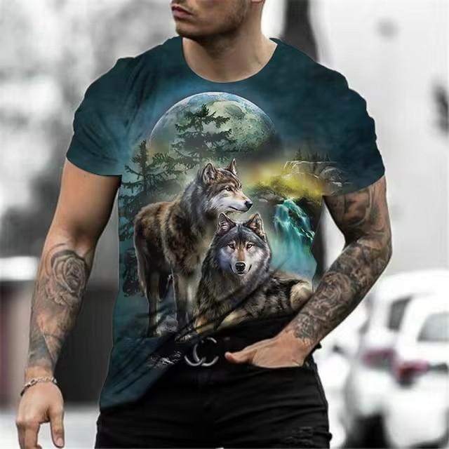 Summer Round Neck 3D Wolf Print Top Fashionable Casual Short Sleeved Men's T-shirts
