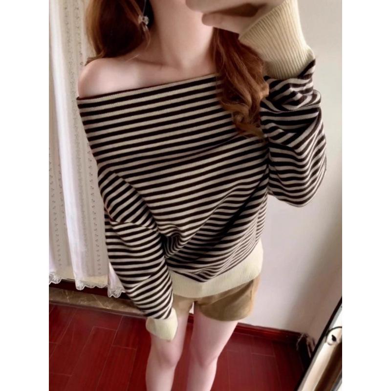 Korean Casual Retro One-Shoulder Striped Knitted Sweater for Women - Early Autumn 2025 Collection