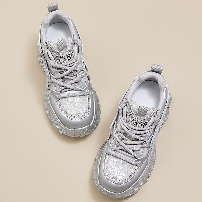 Silberne innere Erhöhungsplattformschuhe Damenschuhe neue Frühjahrs- und Herbst-Freizeit-Sportschuhe kleine weiße Schuhe Muffin