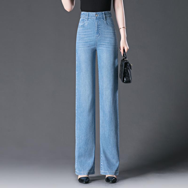 

Женские летние укороченные джинсы из тенселя: 2025 Похудение, Свободный крой, Эластичная талия, Брюки прямого кроя 31/125-135 lbs