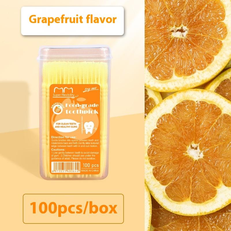 

100Pcs/Box Fruit Flavor Toothpicks Double-Headed Disposable Interdental Brush Dental Tooth Flossing Head Oral Hygiene Clean grapefruit