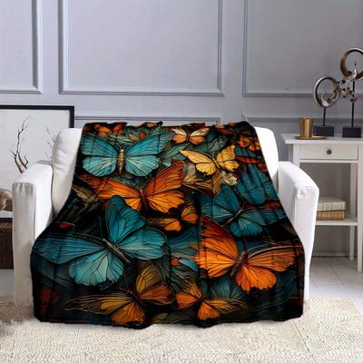 1pc Butterfly Print Blanket, Flannel Blanket, Soft Warm Throw Blanket Nap Blanket For Couch Sofa Office Bed Camping Travel