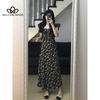 French Black Floral Halter Flysleeve Dress Summer New Sexy Long Dresses Casual Dress Club Style