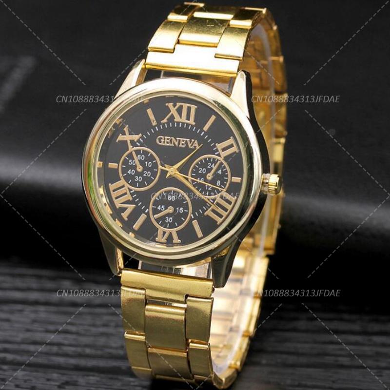 Vintage Brand Quartz Movement 3 Eyes Gold Geneva Casual Watch Women Stainless Steel Dress Wristwatch Ladies Clock
