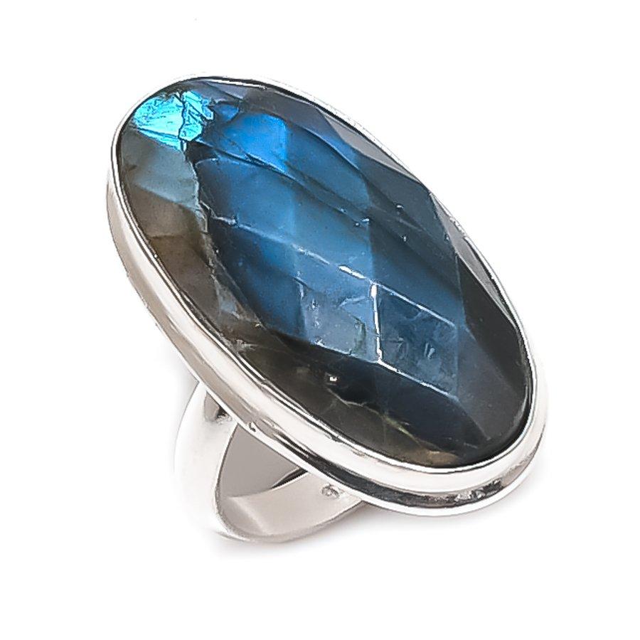 Labradorit Drahokam 925 Sterlingové Stříbro Šperk Prsten Velikost 7