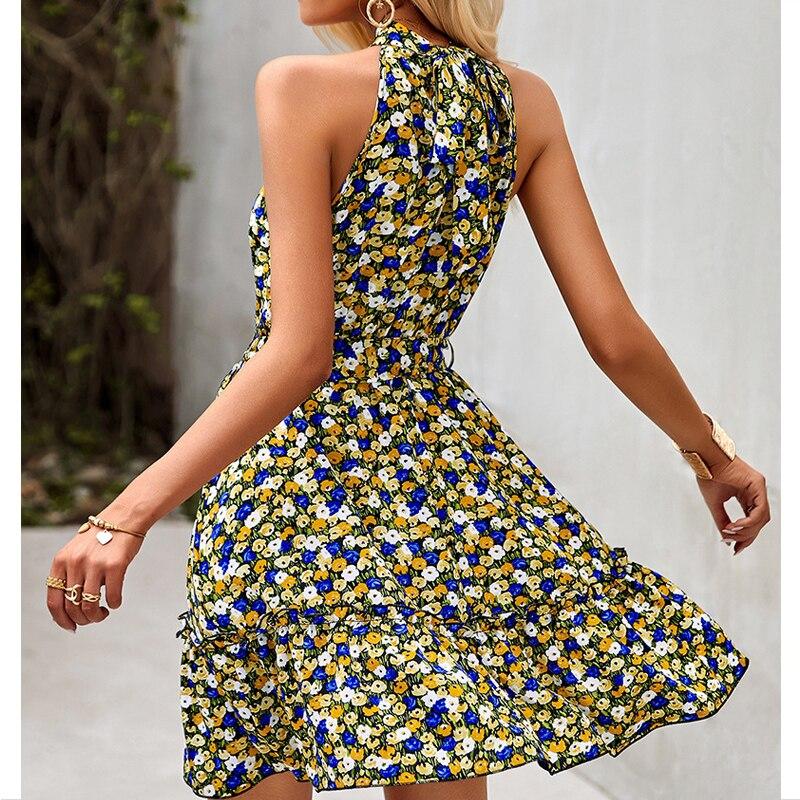 Fashion Slim Floral Printed Sleeveless Ladies Dress For Vacation Casual High-waist Halter Short Dress Women Sexy Vestidos 26513