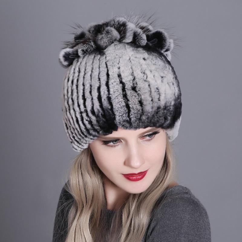Colorful Rex Rabbit Fur Knitted Women's Warm Winter Hat