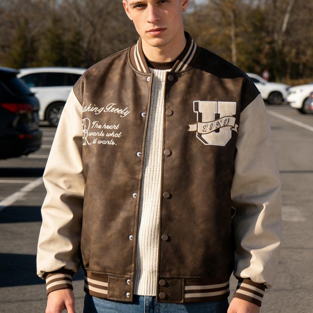 Men's PU Leather Jacket American Retro Baseball Jacket Motorcycle Jacket Spring and Autumn Embroidery College Varsity Baseball Jacket