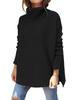 Women's Oversized High Neck Sweater Mid Length Batwing Sleeves Split Hem Waist Tied Pullover Luxurious Relaxed-fit Slimming and Versatile Top