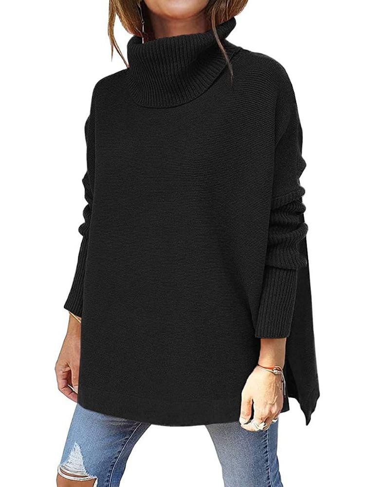 Women's Oversized High Neck Sweater Mid Length Batwing Sleeves Split Hem Waist Tied Pullover Luxurious Relaxed-fit Slimming and Versatile Top
