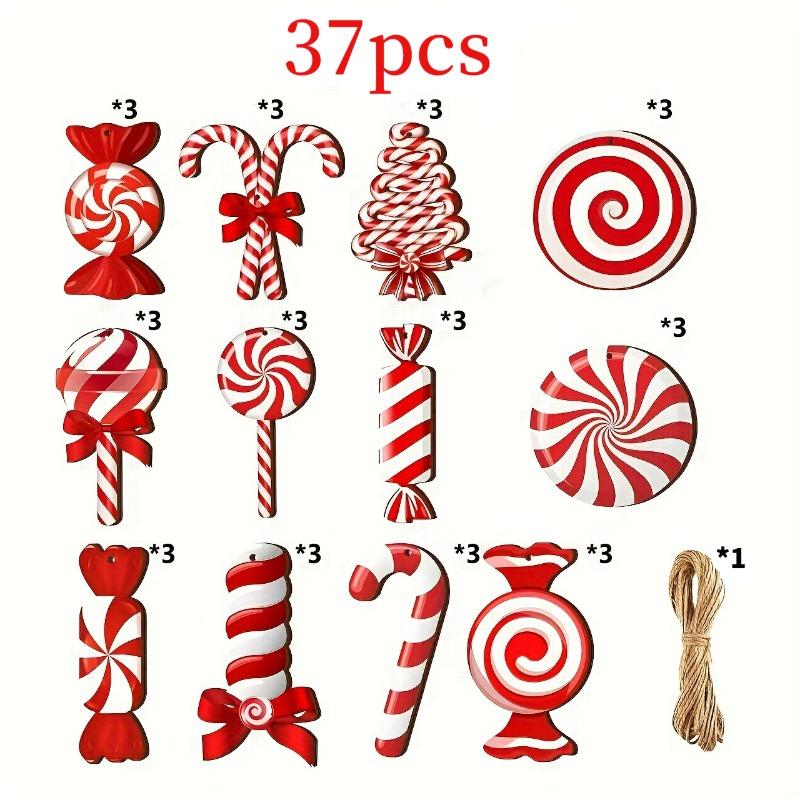 Wooden 37pcs/Set Red White Christmas Candy Lollipop Hanging Ornament, Tree Decoration Mint Candy Pendant, New Year Home Decor