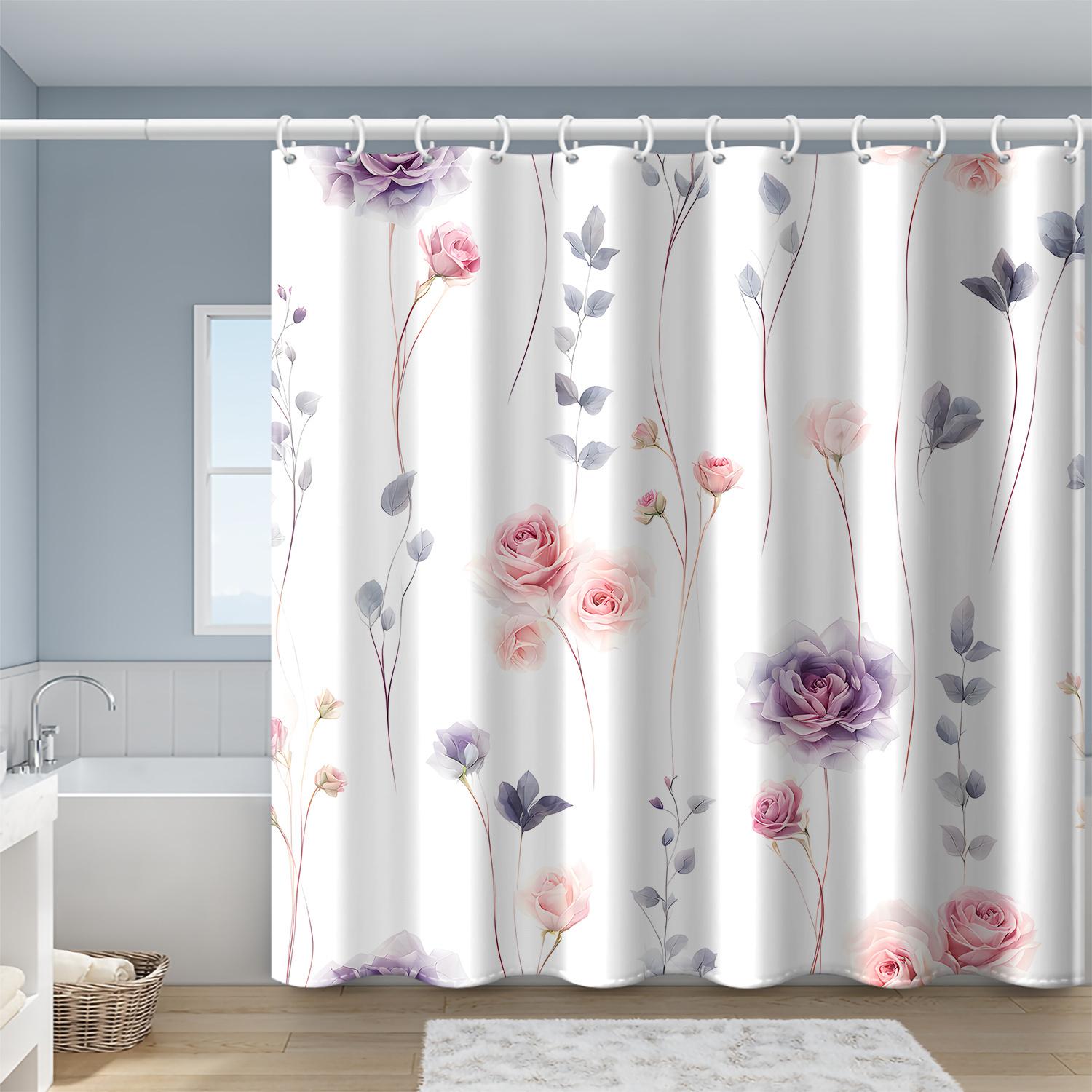 

1Pc Shower Curtain - Elegant Pink And Purple Roses With Delicate Leaves Design Waterproof W60H190(CM)-1 Pcs