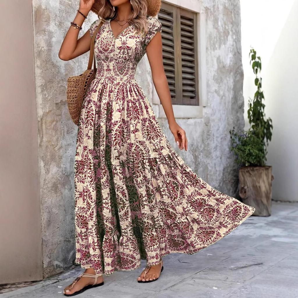 Women's short-sleeved V-neck retro printed dress Fashion elegant long dress