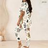 Women Plus Size Round Neck Short Sleeve Printed Side Slit Top Fitted Long Pants Two Piece Set
