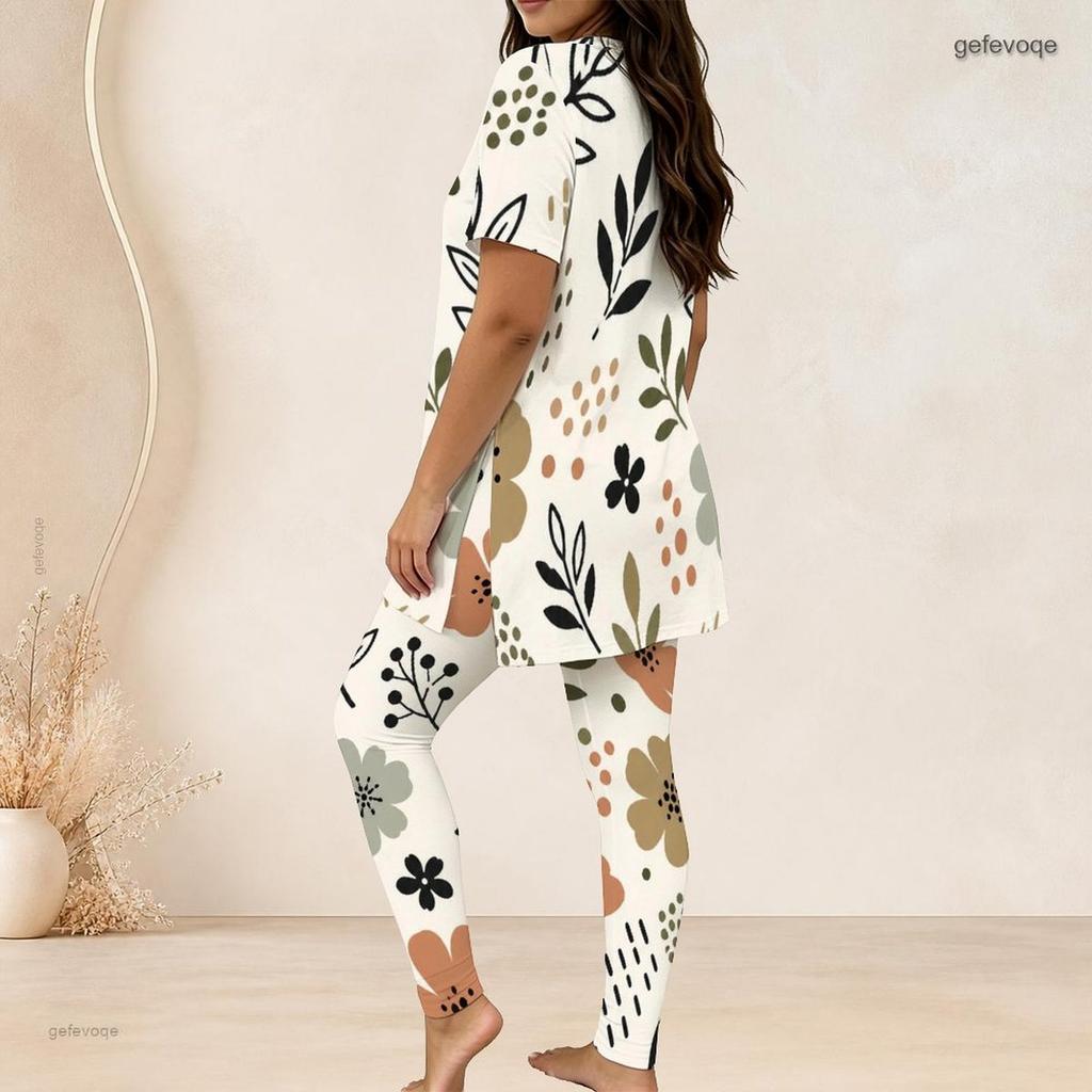Women Plus Size Round Neck Short Sleeve Printed Side Slit Top Fitted Long Pants Two Piece Set