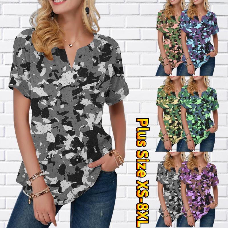 

Женская летняя футболка с камуфляжным принтом, футболки с короткими рукавами, повседневные топы, маленький v-образный вырез с короткими рукавами