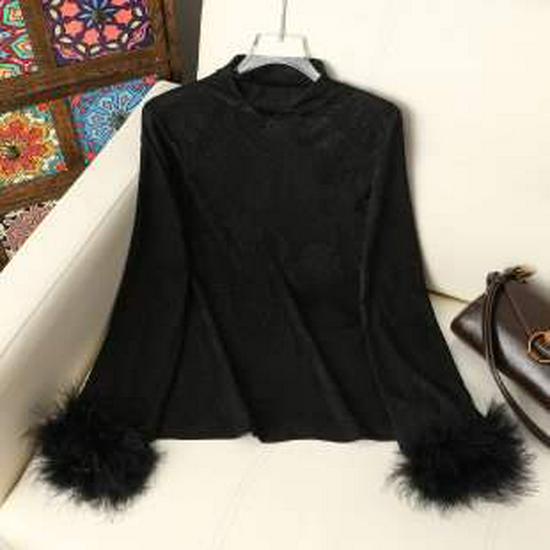 

Fuzzy Sleeve High-Neck Versatile Slimming Long Sleeve T-Shirt for Stylish Layering 4XL чёрный