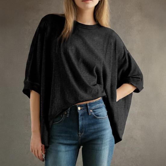 Damen Sommer T-Shirt Rundhals Fledermausärmel Halbarme Locker geschnittenes T-Shirt