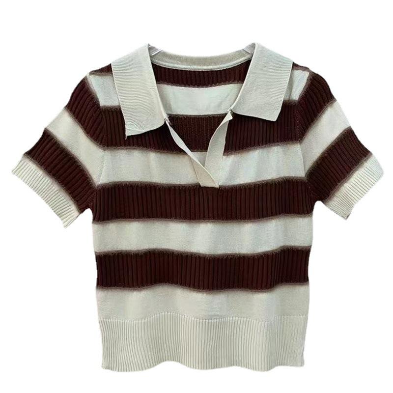 Fashion College Style Short-sleeved Knit Sweater Female Summer Color Collision Striped Thin T-shirt Tops Casual Essential Slim Fit Pullovers Tees