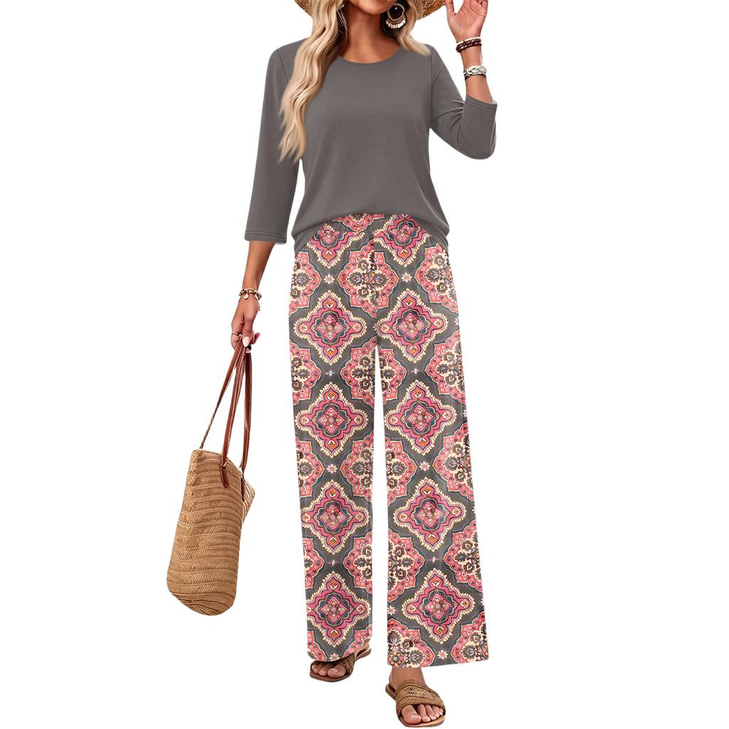 Women's Casual Fashion Round Neck Loose Fit Printed Three Quarter Sleeve Top with Wide Leg Printed Pants Set Comfortable Loungewear