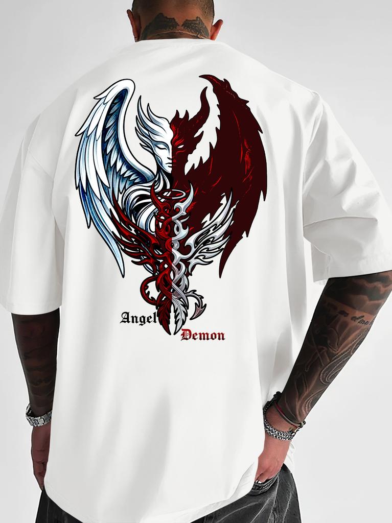 Unisexs Streetwear Tshirt Angel Demon Half Face Graphic Print Crew Neck Short Sleeve Polyester Tops With Angel Demon Text Sxxl