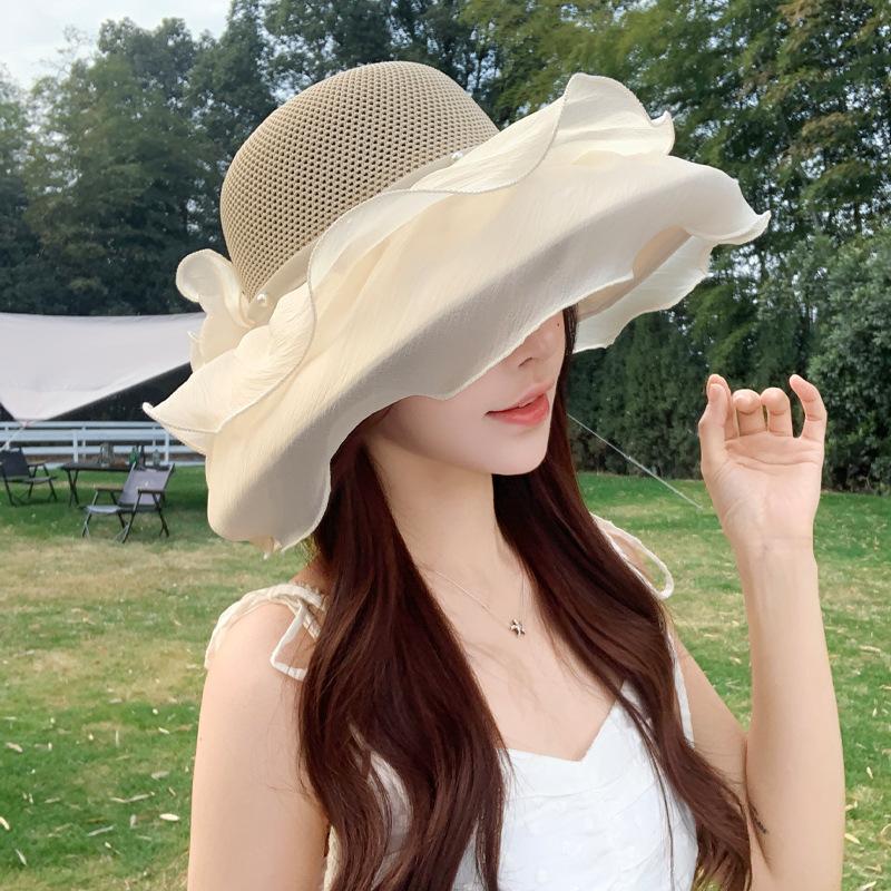 Women's Korean-Style Netted Bow Fisherman Hat Spring Summer Openwork Breathable Wide-Brim Sun Hat with UV Protection
