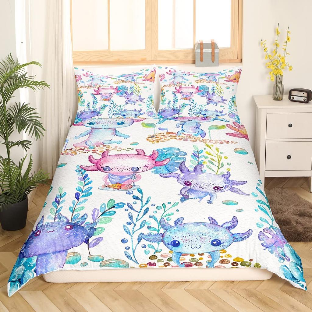 Axolotl Duvet Cover Set Pink Newt Wildlife Comforter Cover With Pillowcases Cartoon Octopus Animal Kawaii Style Twin Quilt Cover