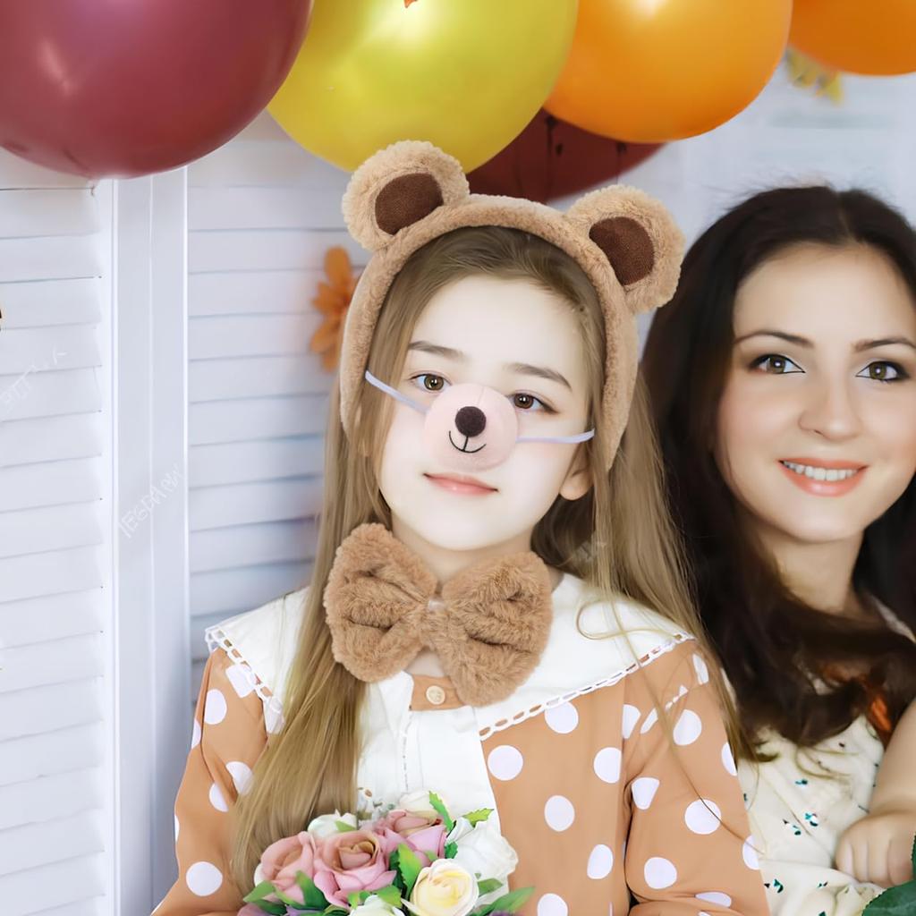 Alipis Bear Costume Set for Kids, Includes Plush Headband, Ears, Nose, Tail, and Bow Tie, Perfect for Halloween and Parties