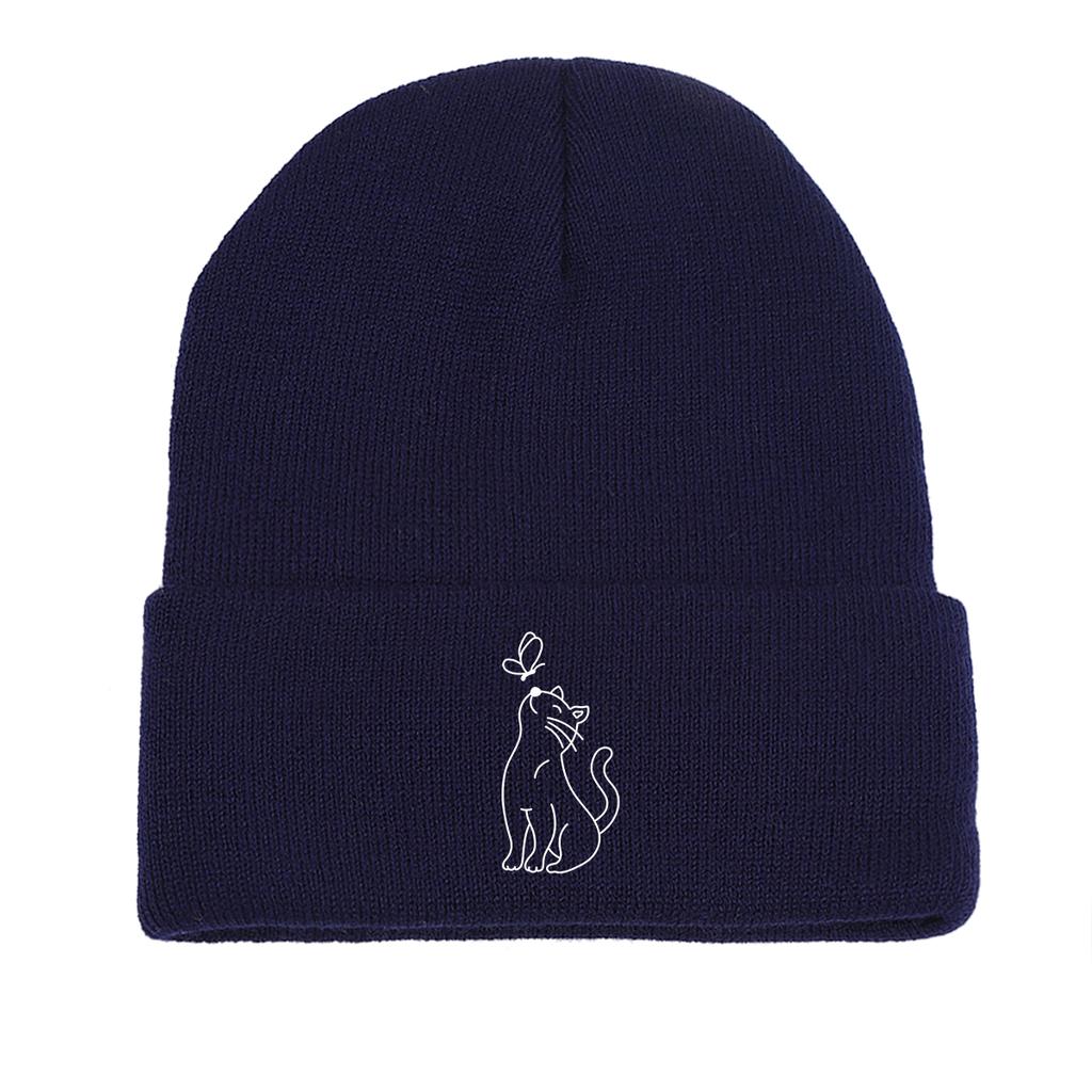 Cute Cat Butterfly Print Winter Hats Knit Cap Beanie Hat For Man Thermal Solid Color Knitted Hat Beanie Perfect For Daily Wear