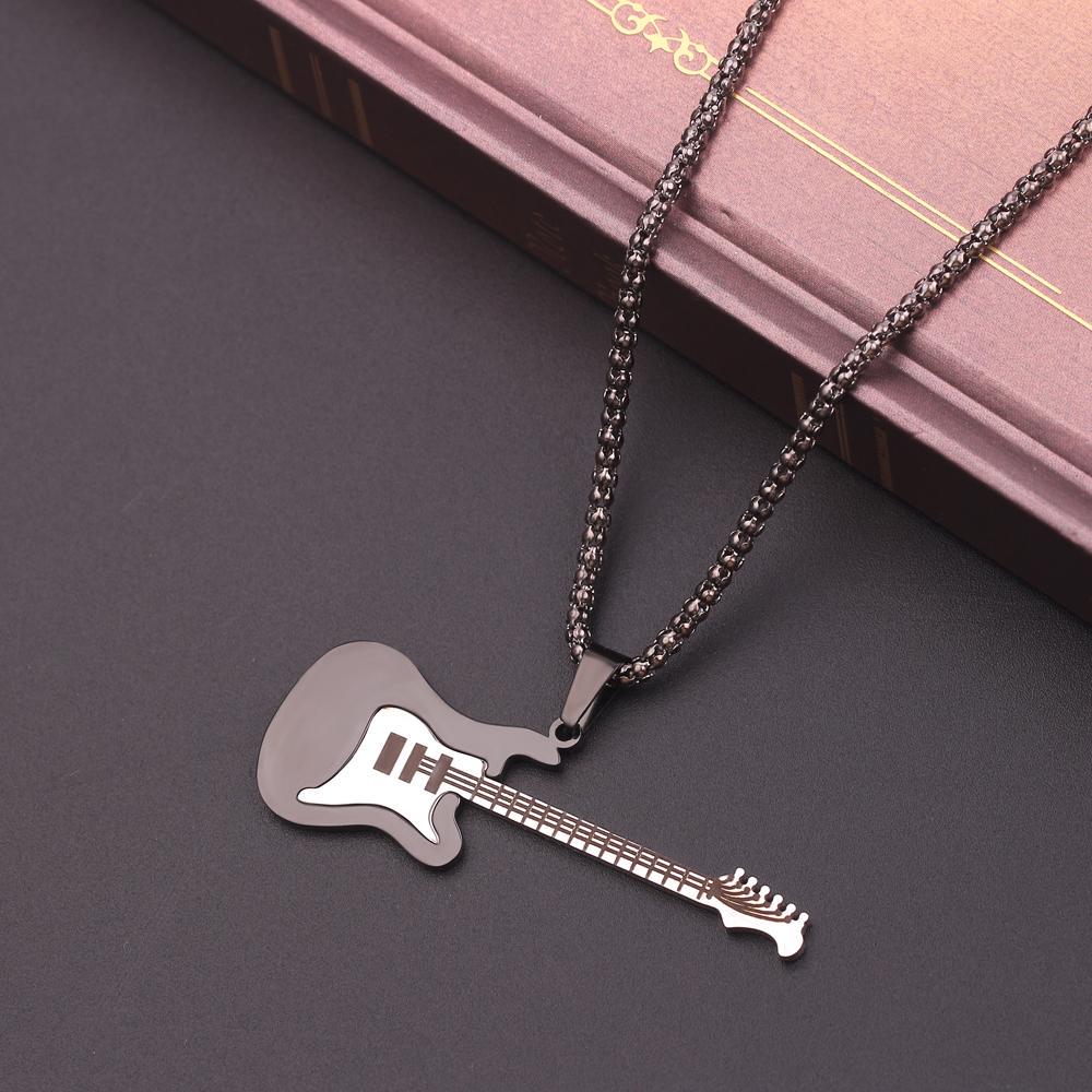 Collana E Portachiavi Con Ciondolo Chitarra In Acciaio Inox Nero | Gioiello Hip-Hop Per Musicisti | Regalo Per Chitarristi E Amanti Della Musica