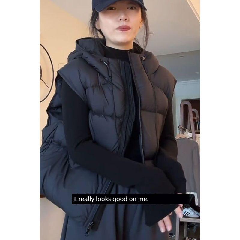 

Мода 2024 Осень и Зима Новое поступление Жилет из белого утиного пуха Женский Маленький С капюшоном Свободный Короткий Пуховик Black [genuine goods White Duck Down]] S