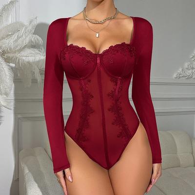 New Black One-piece Long-sleeved Top, Women's Lace Perspective Low-cut Cup with Steel Ring, No Fishbone Bra.
