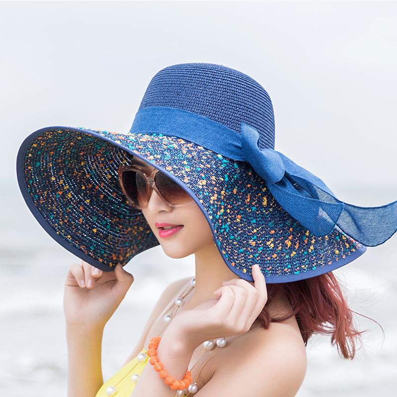 Summer Women Big Brim Straw Bow Hat Sun Fashion Wide Brim Floppy Panama Cap Outdoor Foldable Uv Protect Travel Femme Beach Hats