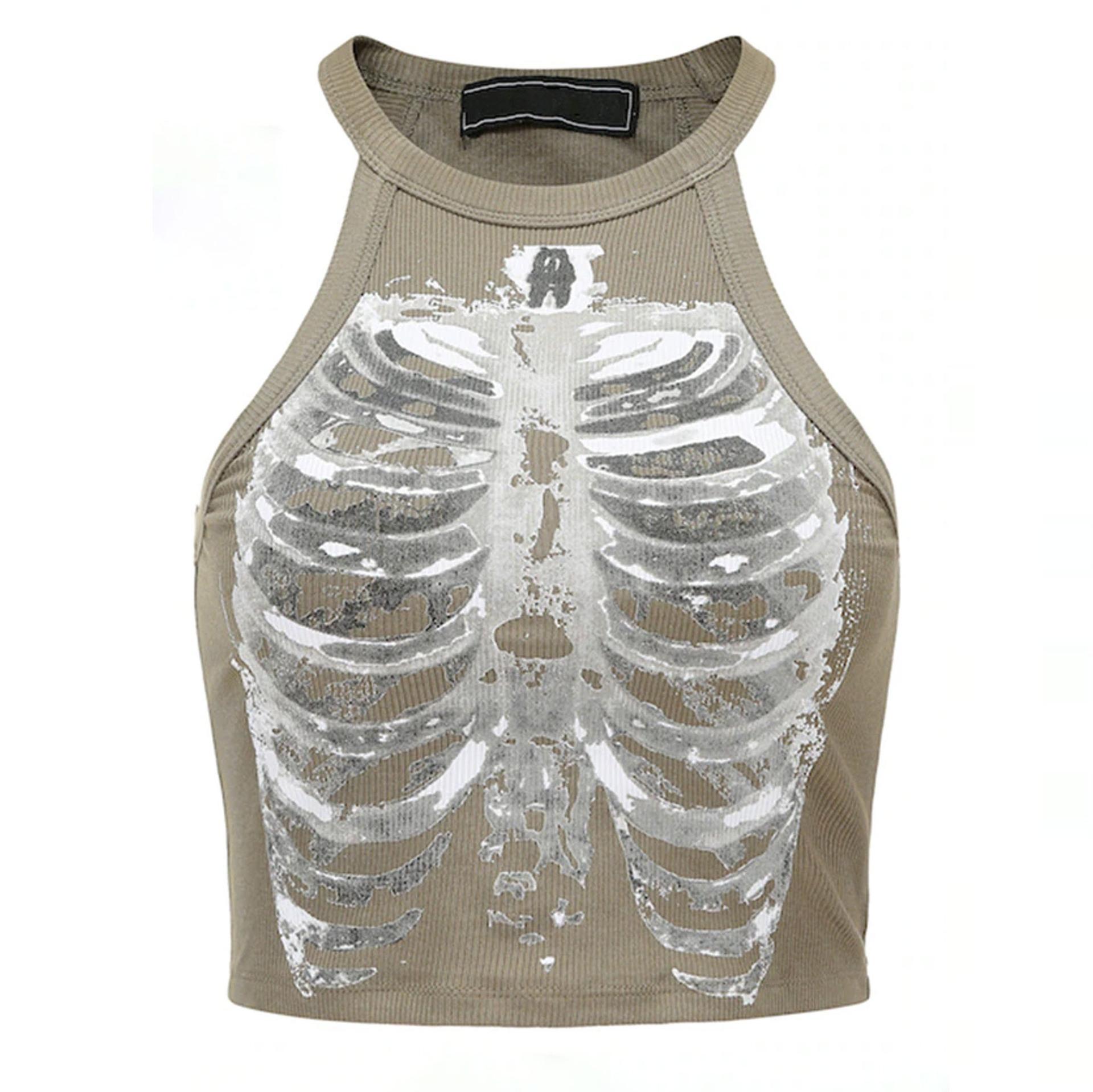 

Эстетический жилет без рукавов в рубчик с принтом скелета в стиле кибер-ретро, ​​армейский зеленый укороченный топ, дизайнерская одежда для женщин, лето 2024, эмо S армия зеленый