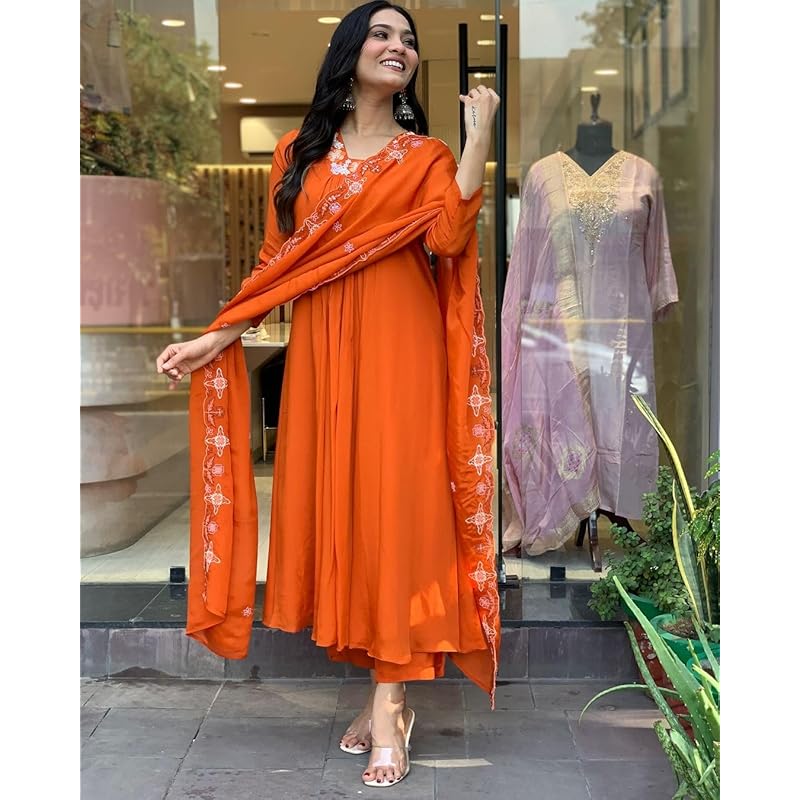 GoSriKi Women's Rayon Blend Anarkali Thread Work Kurta with Pant & Dupatta (ASHVTHAMA ORANGE-GS_S_Orange_Small)