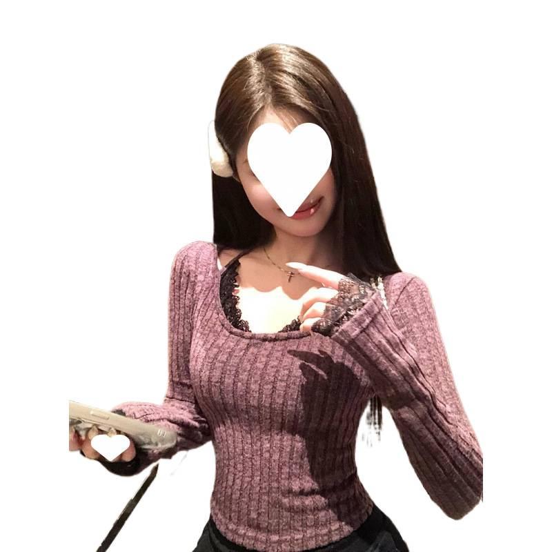 Women's Purple Slim Fit Halter Neck Lace Patchwork Two-Piece Look Long Sleeve Top