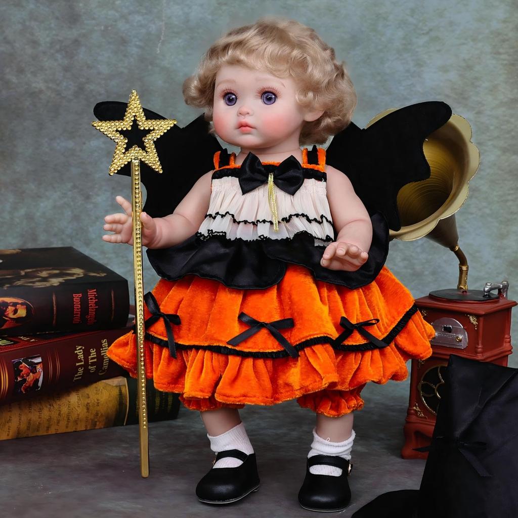Cloveray 18-inch Vinyl Halloween Reborn Doll, Witch Costume Baby Doll, Hand-Painted High-Color Makeup, Perfect for Collection & Gift, Also Great for