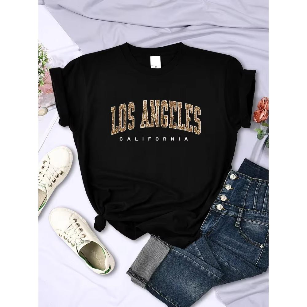 Female T-Shirt Women Los Angeles California USA City Leopard Print Casual Fashion Short Sleeve Breathable Soft T Shirts