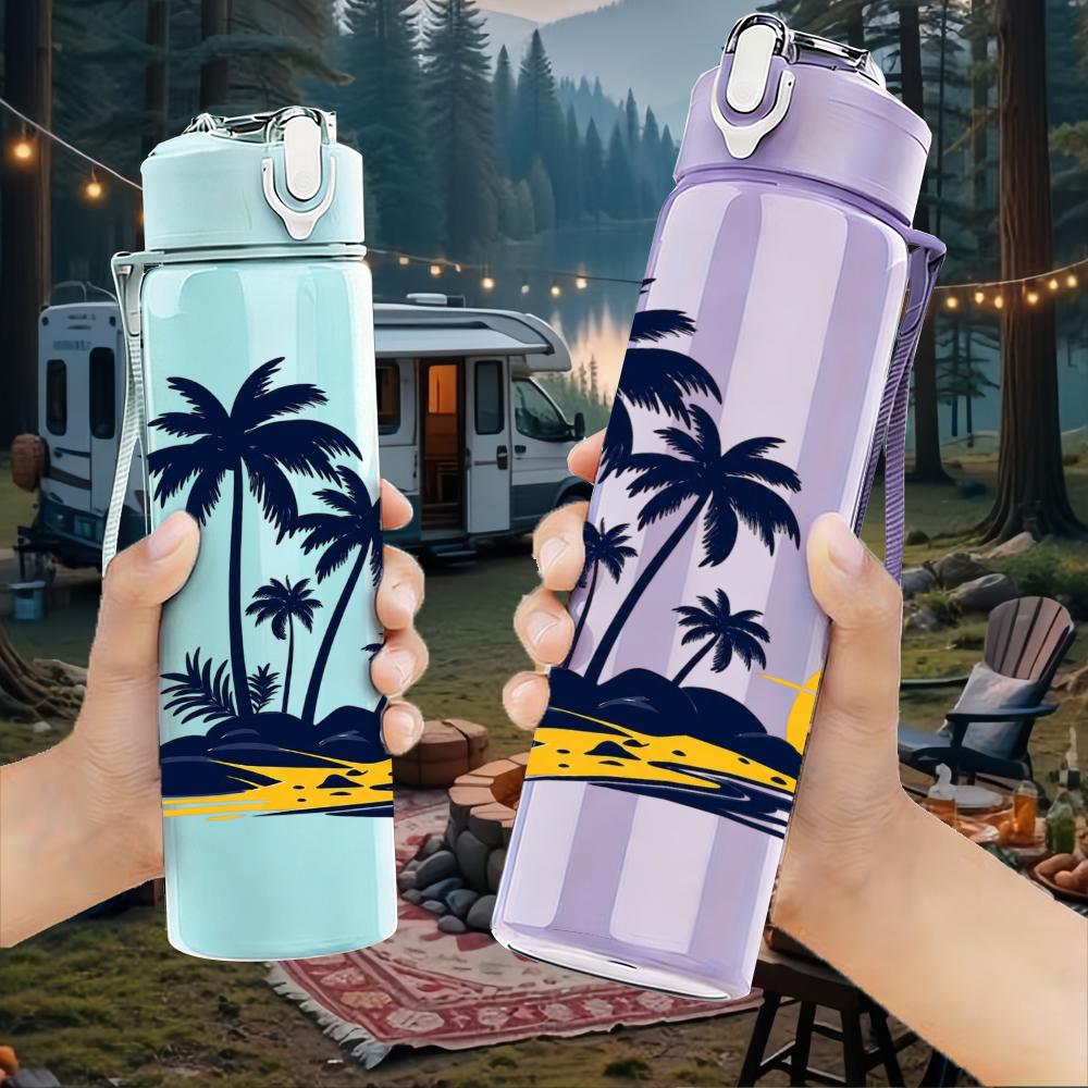 1PC Palm Tree Sunset Beach Scene 750ml Color Plastic Sports Water Bottle Leakproof Flip Straw Lid Suitable for Sports Office Home Use