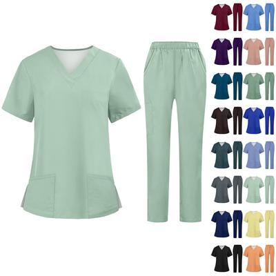 Solidny strój roboczy Scrub dla kobiet z dekoltem w serek, krótkim rękawem i zabawnymi T-shirtami do pracy z kieszeniami