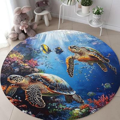 Underwater World Round Carpet Turtle Fish Print Non-Slip Home Decor Floor Mat Ocean Theme Living Room Kid Bedroom Home Decor Rug