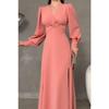 Black Crepe Fabric Front Knot Detail Maxi Length Long Sleeve Double Slit Dress
