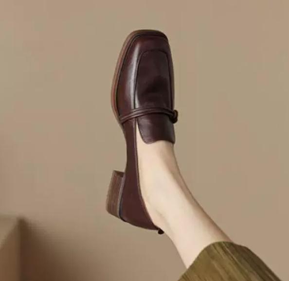 Fashion Classic loafers for women, genuine leather square toe slip-on, vintage women's casual comfort shoes, handmade, size 40