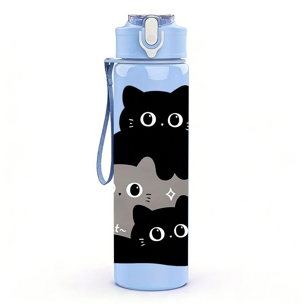 1PC Stacked Cute Black Cat Cartoon Print 750ml Color Plastic Sports Water Bottle Leakproof Flip Straw Lid Suitable for Sports Office Home Use
