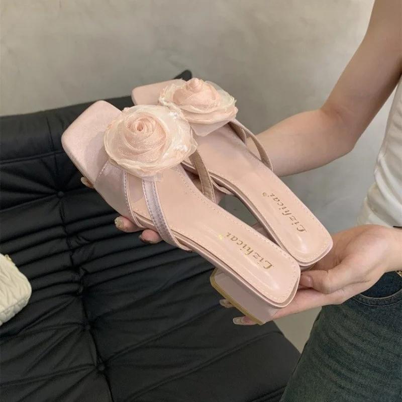Fashion Women's Slippers French Pink Temperament Flip-flops Fairy Shoes Fashion Outside Wear 2025 New Summer New Chinese Flower Sandals