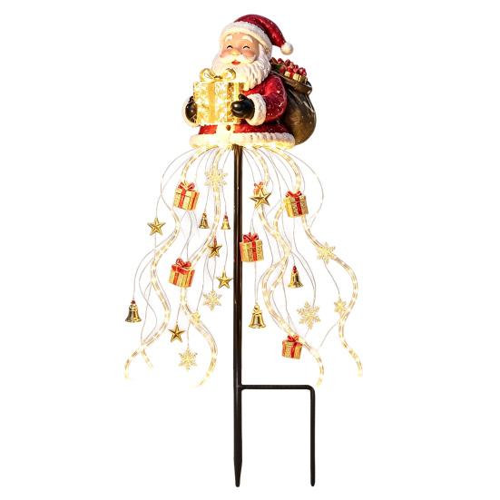 Solar Powered Winter Garden Accents Santa Claus Christmas Light, LED Holding Gift Box Yard Stake Holiday Lawn Stakes for with Cascading String Lights