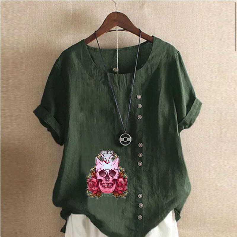 Women's Fashion Round Neck Short Sleeve T-shirt Casual Cotton Linen Graphic Shirt Leisure Loose Flower Prined Summer Blouse Tops